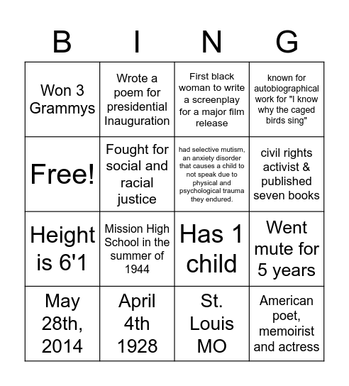 Maya Angelou Bingo Card