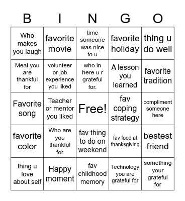 Gratitude Bingo Card