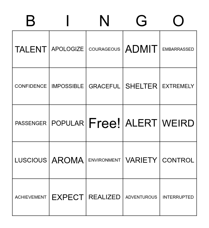 Unit 4 Vocabulary Bingo Card