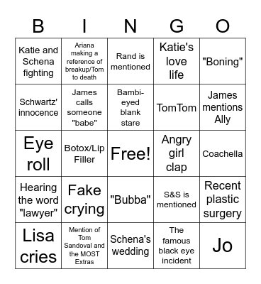 Vanderpump Reunion Bingo Card