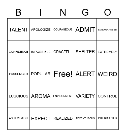 Unit 4 Vocabulary Bingo Card