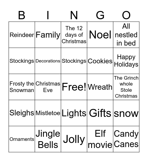 HAPPY HOLIDAYS Bingo Card