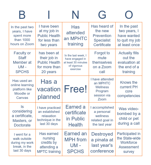 Montana Public Health Training Center Presents: Bingo Card