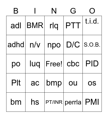 Medical Terminologyac Bingo Card