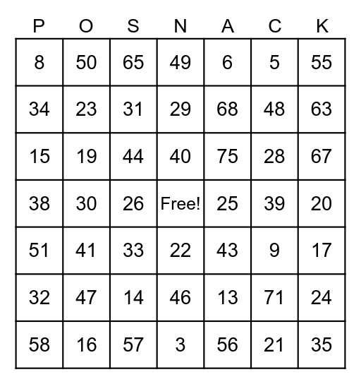 Posnack Passover Bingo Card