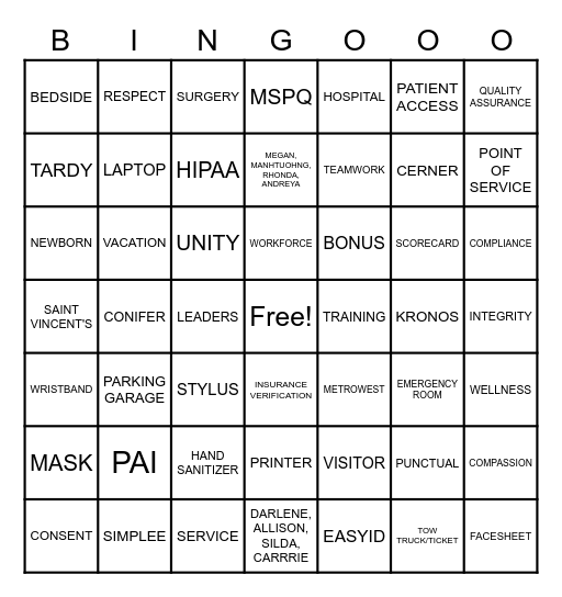 PATIENT ACCESS WEEK BINGO Card