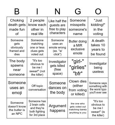 Murder Island 2 (MI2) Bingo Card