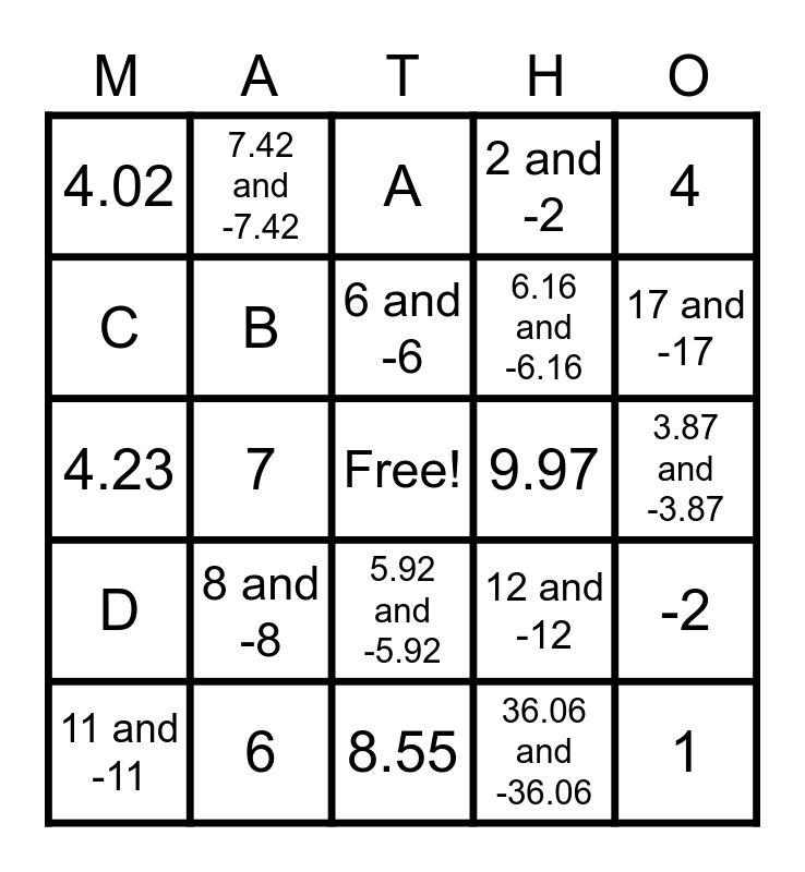 Squares and Cubes Bingo Card