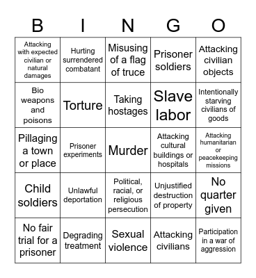 War Crimes Bingo Card