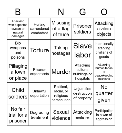 War Crimes Bingo Card