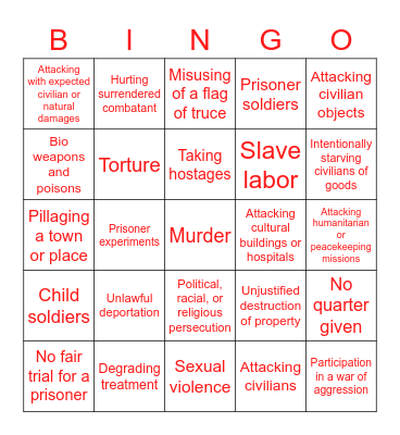 War Crimes Bingo Card