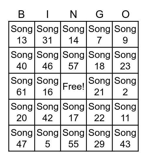 Column 15 Music Bingo Card