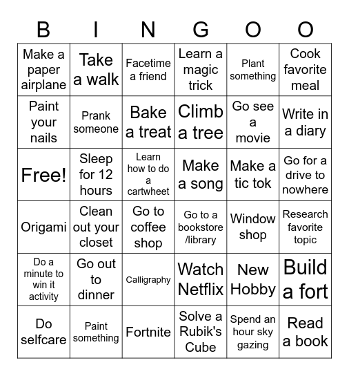 Spring Break Bingo Card