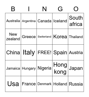 countries Bingo Card