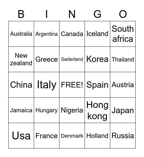 countries Bingo Card