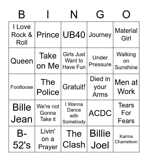 80's Mix Tape Bingo Card