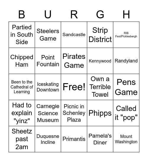 Pittsburgh Bingo Card