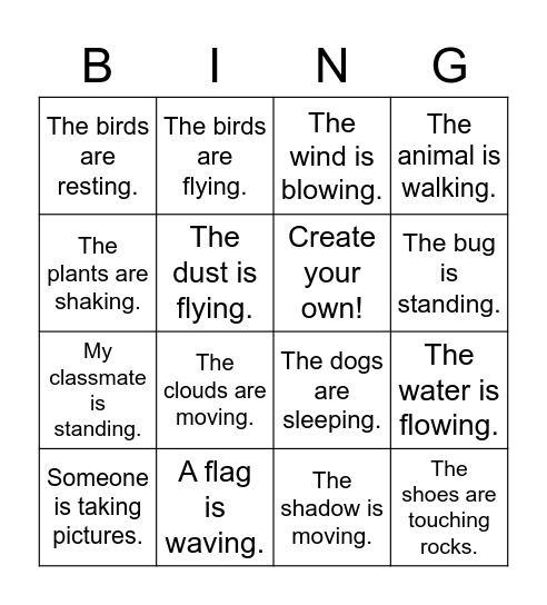 Present Progressive Bingo Card
