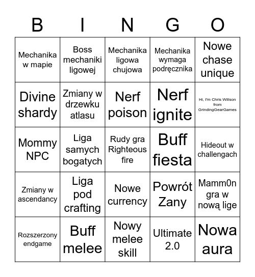 Liga w POE Bingo Card