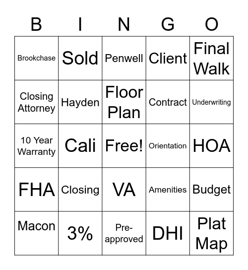 D. R. Horton Bingo Card