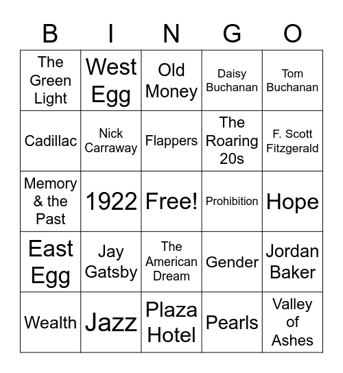 The Great Gatsby Bingo Card