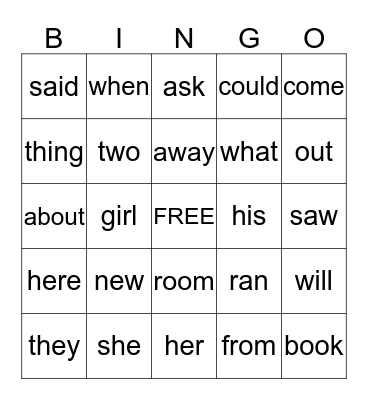 First Grade Sight Words Bingo Card