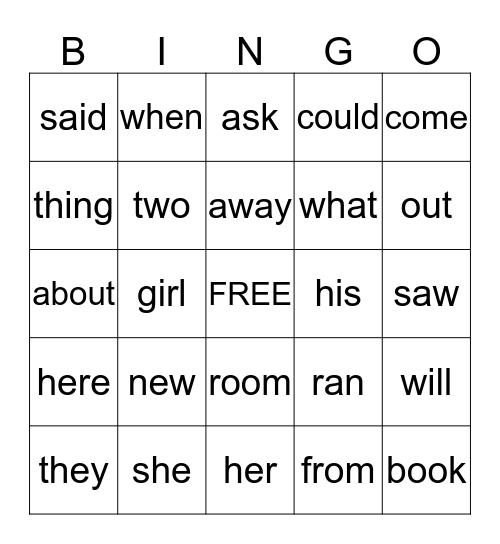First Grade Sight Words Bingo Card