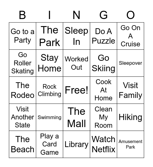 Spring Break Bingo Card