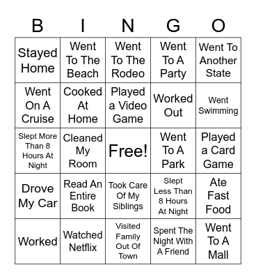 Spring Break Bingo Card