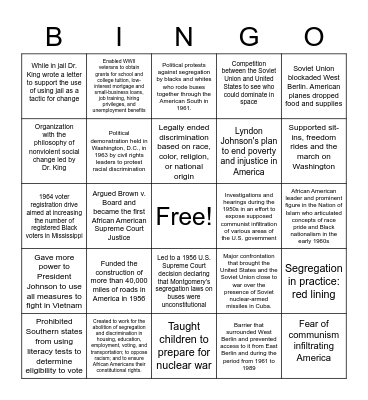 1950s and 1960s Bingo Card