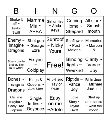 Musical Bingo Card