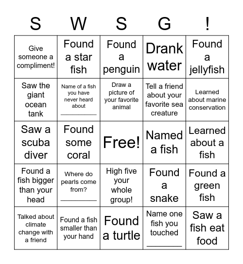 Aquarium Bingo Card