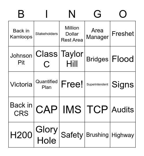 Road Maintenance Bingo Card