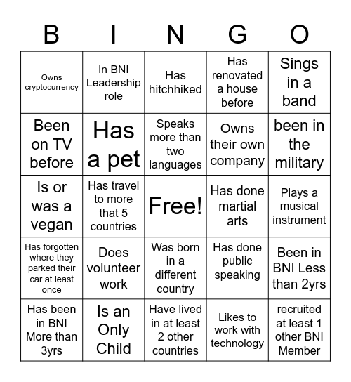 BNI Networking Bingo Card