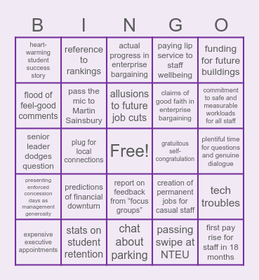 VC’s “All Staff” Forum Bingo Card