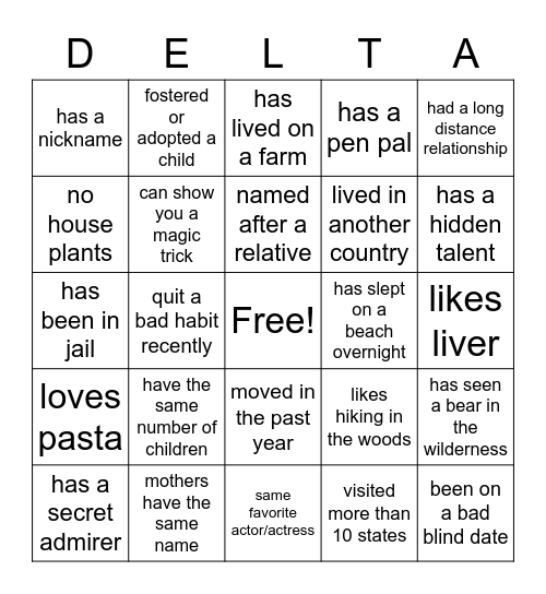 "Rounding Up Some Good Deltas" Bingo Card