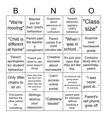 Parent/Teacher Conference Bingo Card