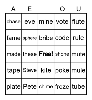 VOWEL-CONSONANT-E BINGO Card