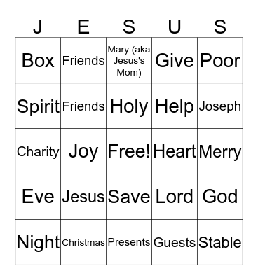 Christmas Eve Service Bingo Card