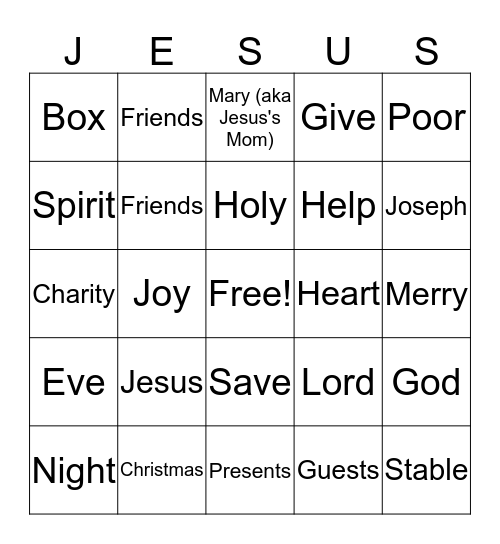 Christmas Eve Service Bingo Card