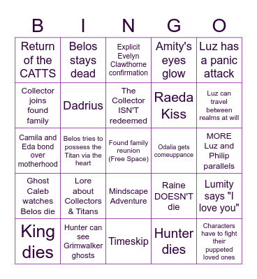 "Watching and Dreaming" Owl House Finale Bingo Card