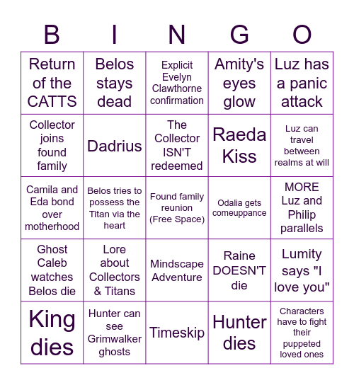 "Watching and Dreaming" Owl House Finale Bingo Card