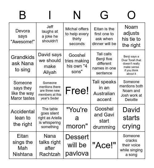 Pesach Seder Bingo! Bingo Card