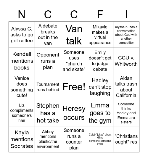 NCCFI 2023 (Day 1) Bingo Card