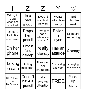 Izzy attidude bingo card Bingo Card