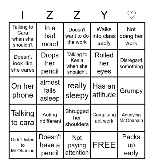 Izzy attidude bingo card Bingo Card