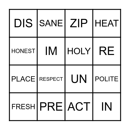 Prefix Bingo Card