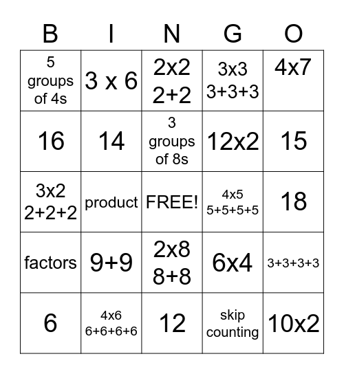 Repeated Addition/Multiplication Bingo Card