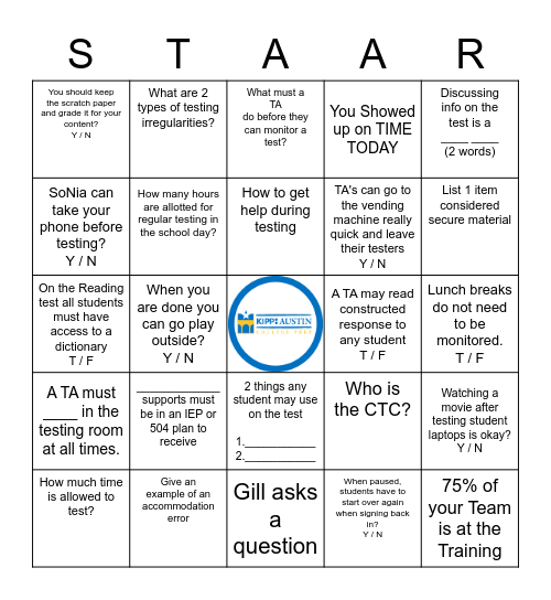 STAAR Training Bingo Card