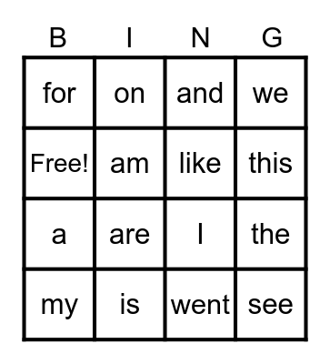 Sight Words Bingo Card